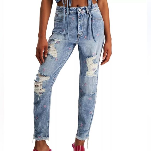 Tinseltown Butterfly Embroidered Mom Jeans Size 9 Frayed-Hem Destructed Y2K - Picture 2 of 16